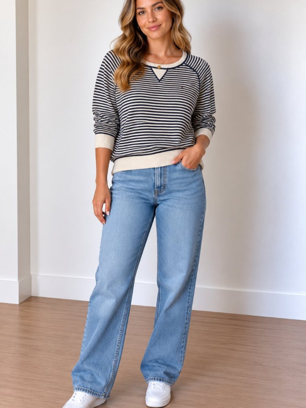 Tommy Hilfiger Navy and White Striped Crewneck Sweater 100% Prima Cotton
